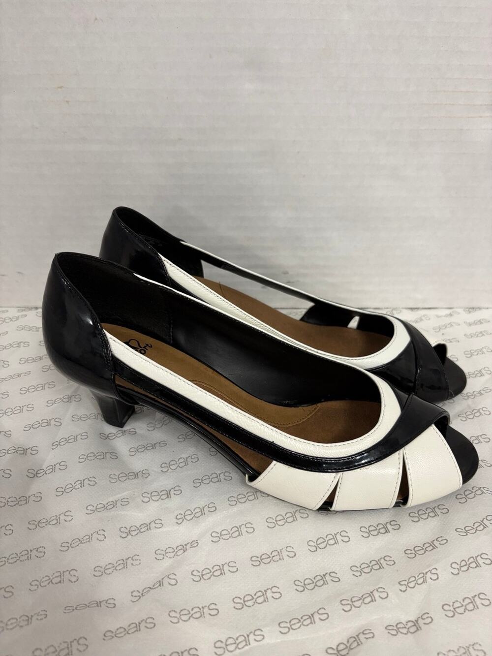 I Love Comfort Eleanor Womens 8.5 M Black White Peep Toe Pumps Heels Sears